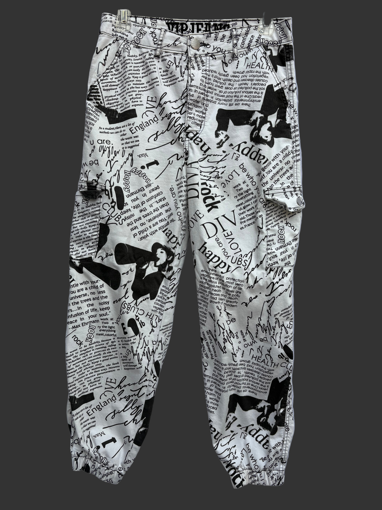 newspaper print, cargo pants, size L, pre-owned