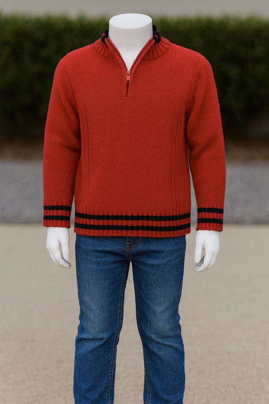 Red sweater with black stripes on cuffs and hem displayed on a mannequin against a neutral background.