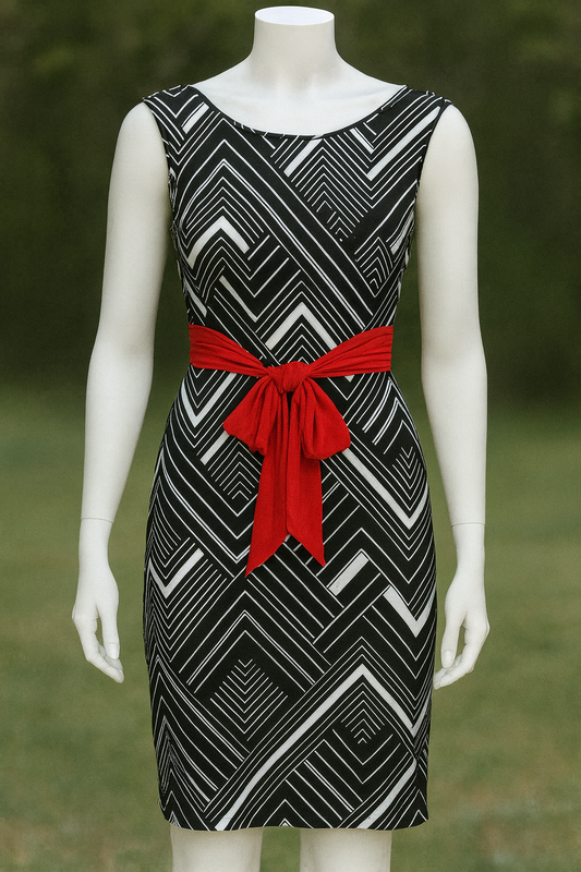 black and white dress with red sash